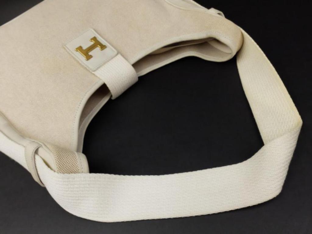 Beige Hermès Sako Toile 223950 Ivory Leather Shoulder Bag For Sale