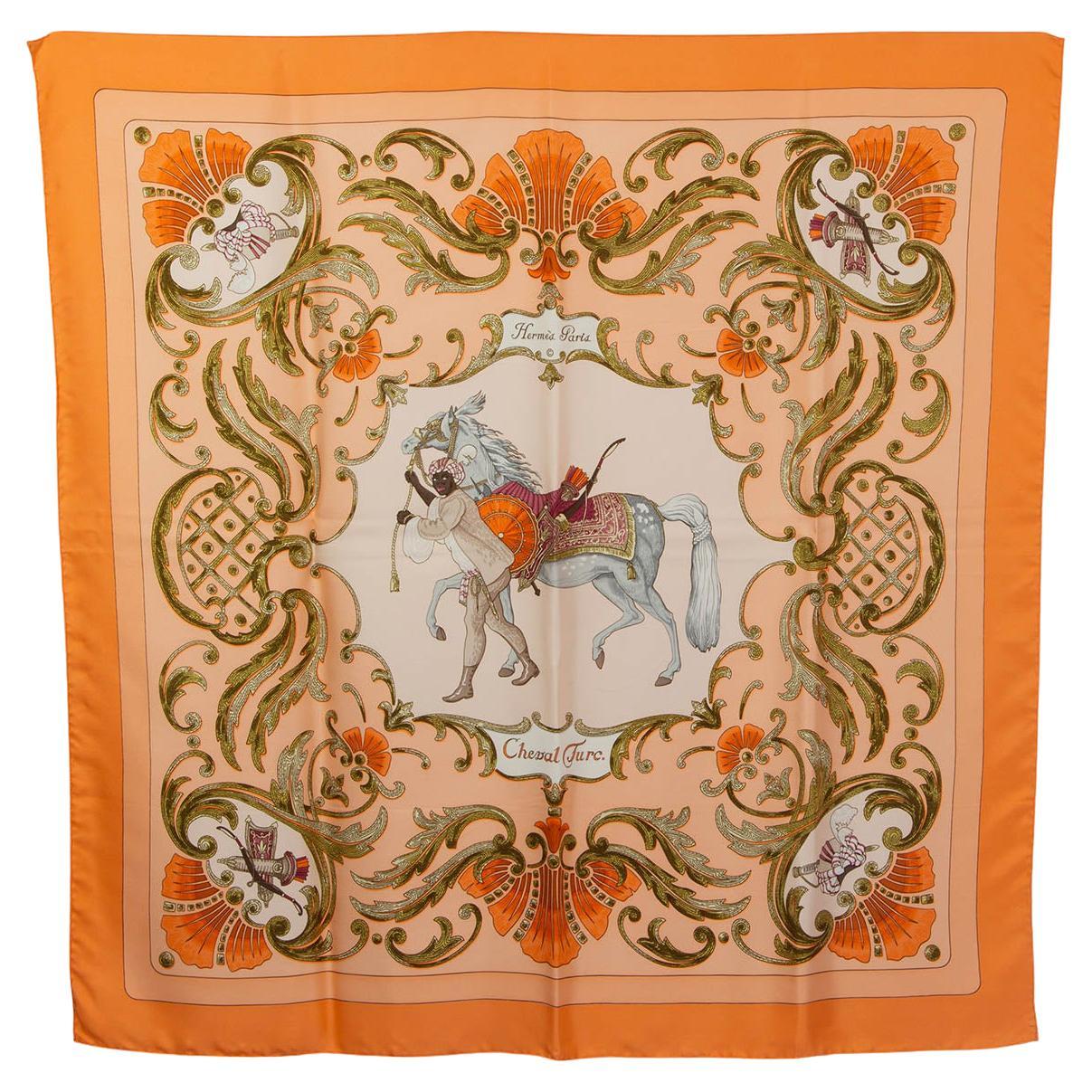 Hermes salmon pink orange CHEVAL TURC 90 Scarf silk