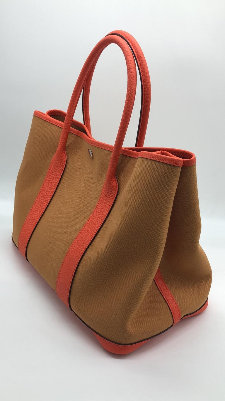 Hermes salmon Toile and orange leather Garden party Bag at 1stDibs