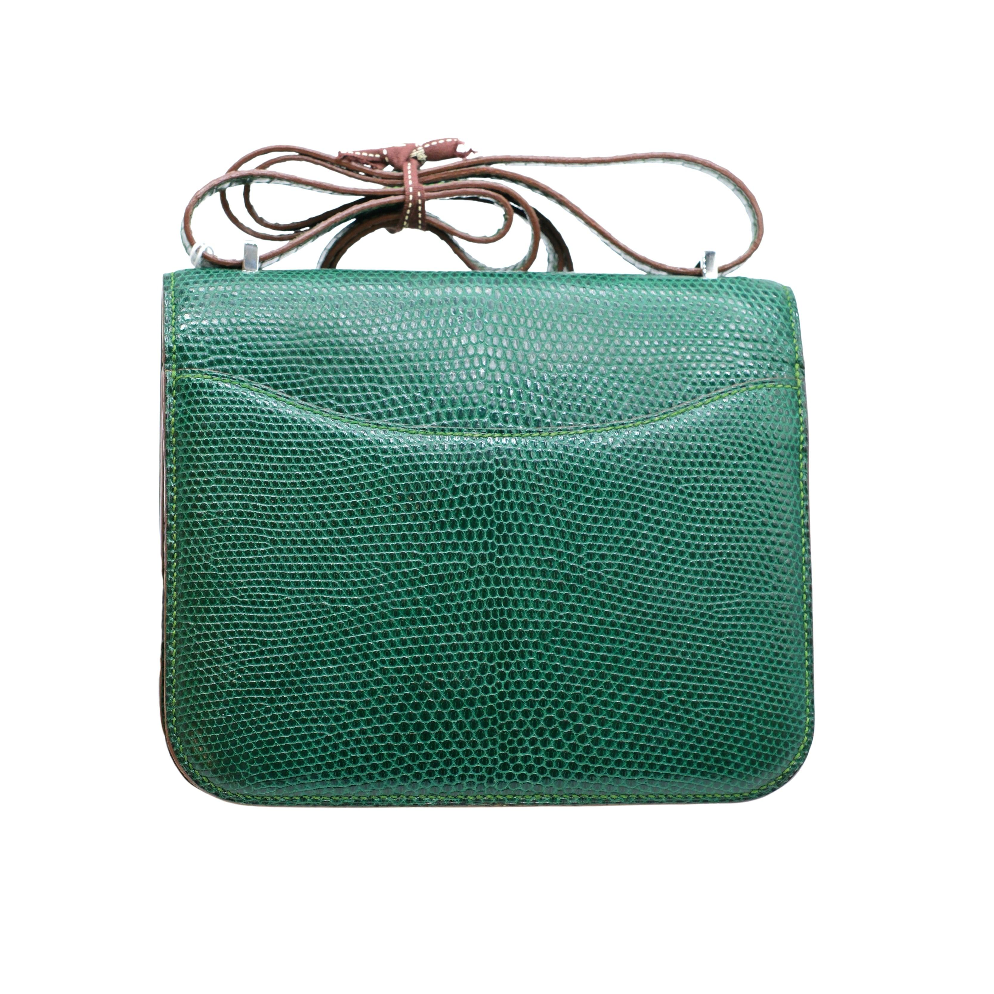 Le mini sac Constance 18 en lézard Salvator d'Hermès est un accessoire de luxe réalisé en cuir de lézard vert et doté d'une boucle H dorée. Il comporte une doublure en cuir lisse vert, une poche principale, une poche zippée et d'autres poches plates