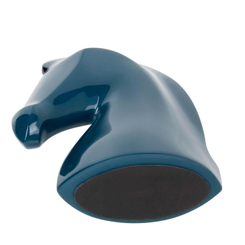 Women's or Men's Hermes Samarcande Horsehead Paperweight Bleu Chrome Porcelain Lacquared Wood New