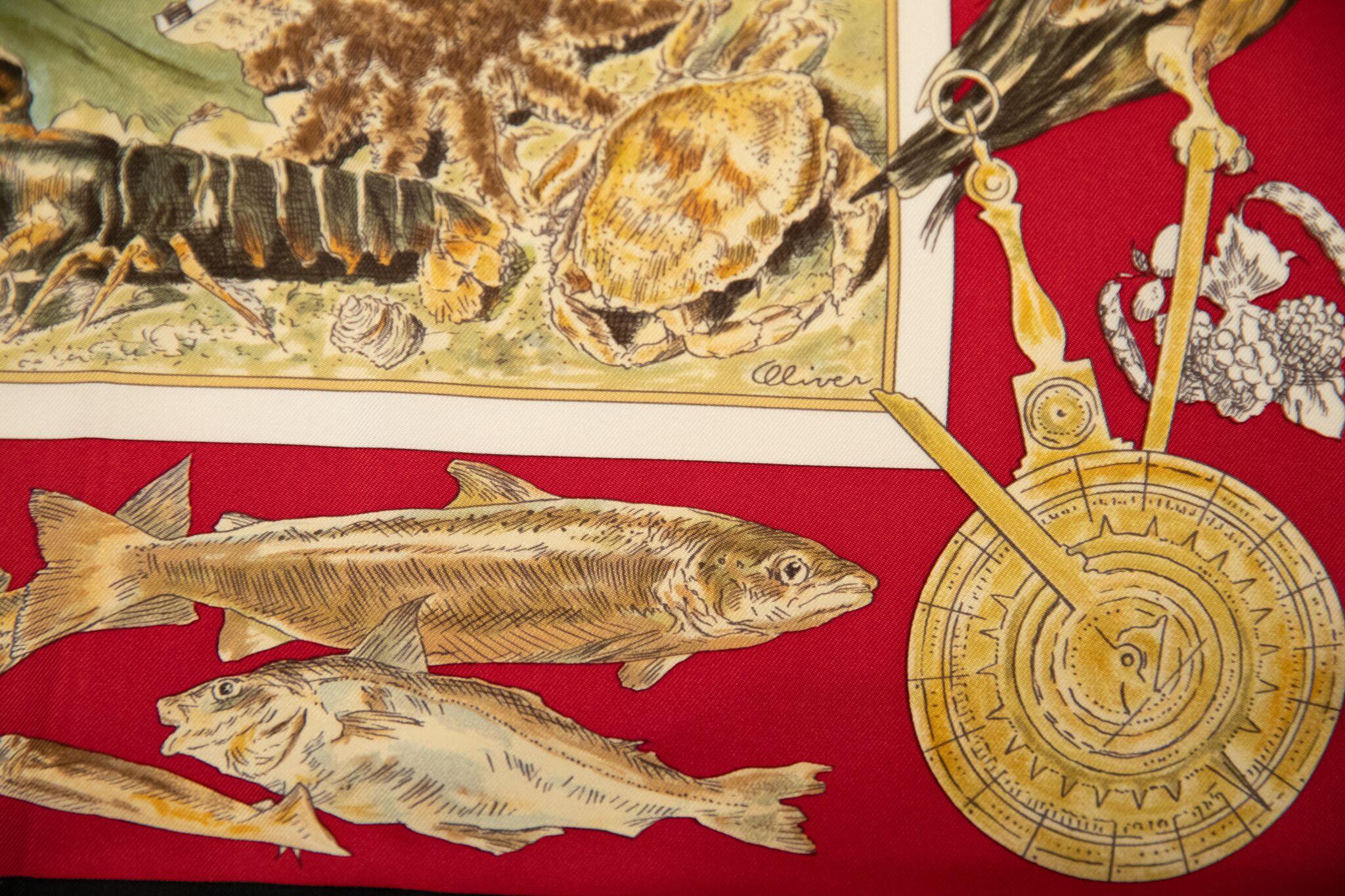 Sciarpa Hermès in edizione limitata in seta nera e rossa Samuel de Champlain, disegnata da Kermit Oliver. Bordi arrotolati a mano. Senza etichetta, scatola originale inclusa.