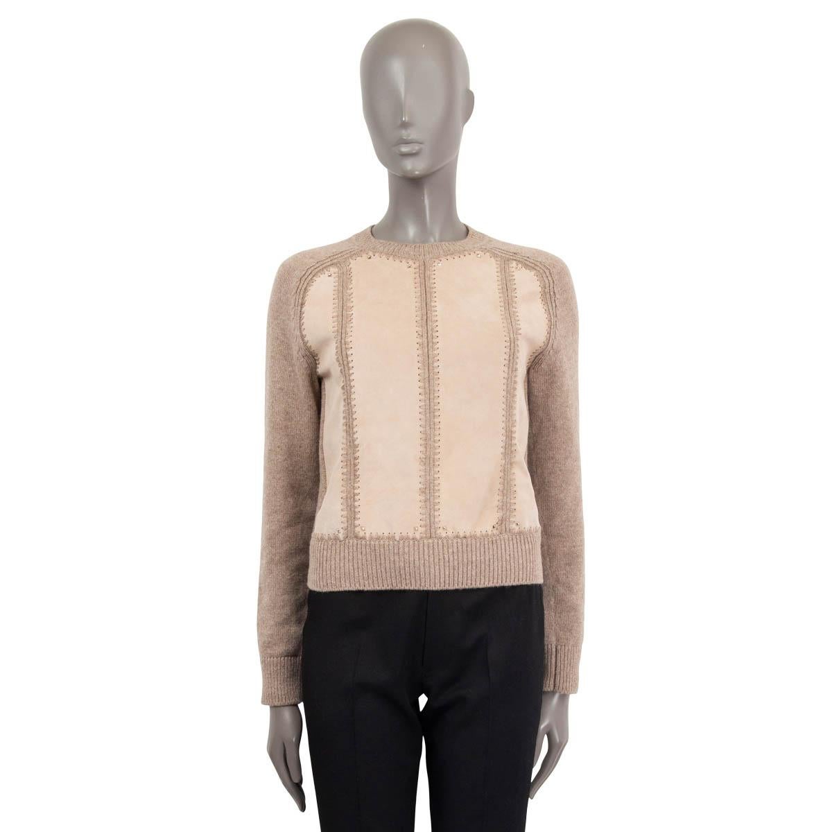 Beige HERMES sand beige LEATHER & ALPACA STUDDED Crewneck Sweater 34 XXS For Sale