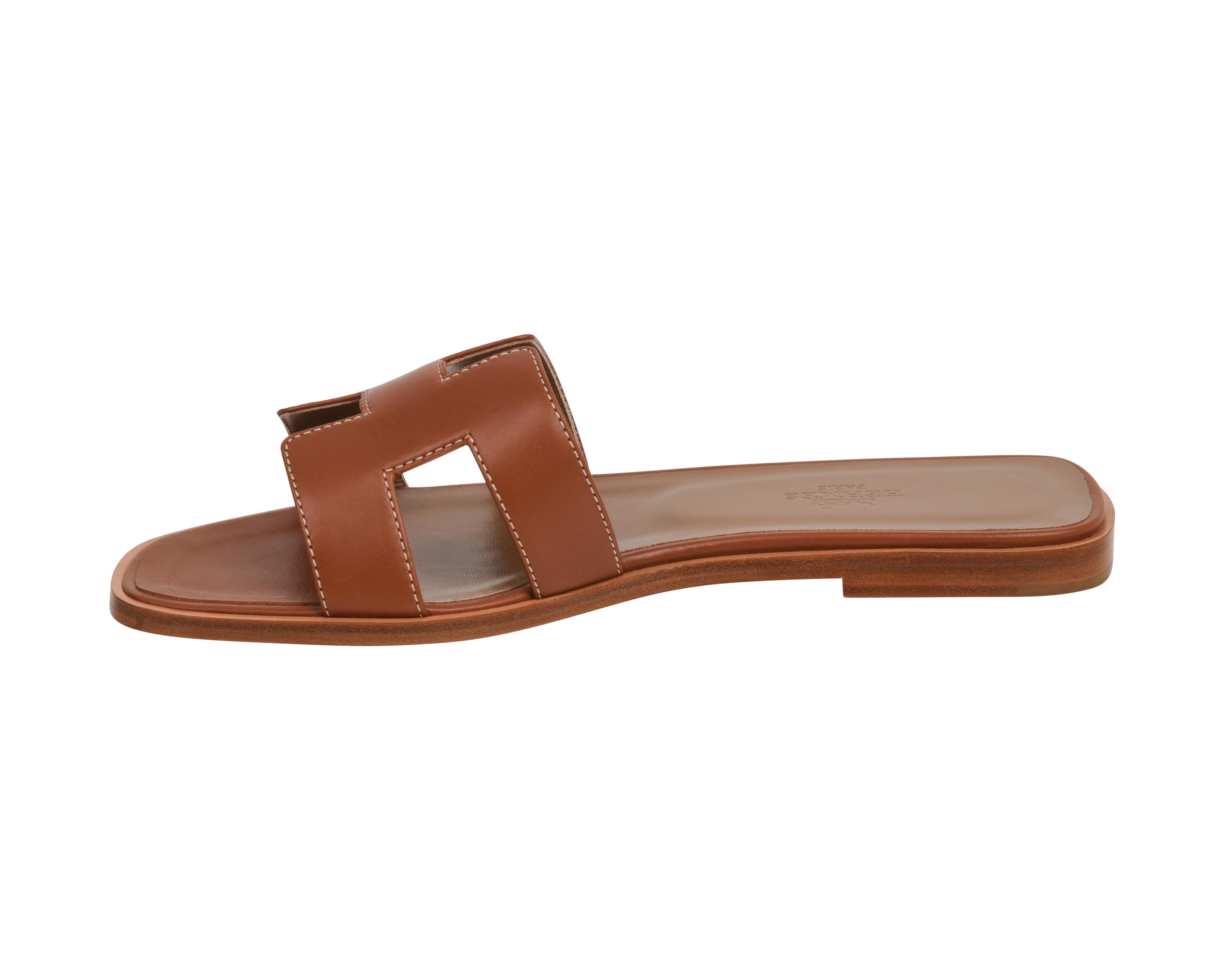 Brown Hermes Sandal Flat Oran Gold Box Calfskin Shoe 38.5 / 8.5 New w/ Box