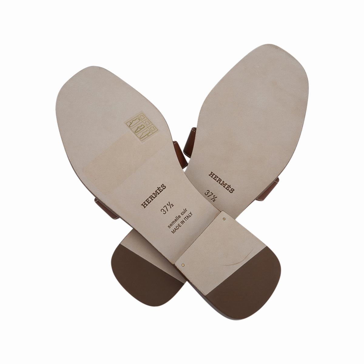 Women's Hermes Sandal Flat Oran Gold Box Calfskin Shoes 37.5 / 7.5 For Sale