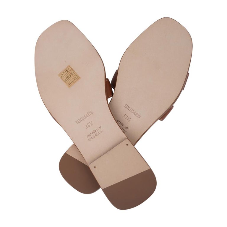 Hermes Sandal Flat Oran Gold Box Calfskin Shoes 39.5 / 9.5 New W/ Box For Sale 3