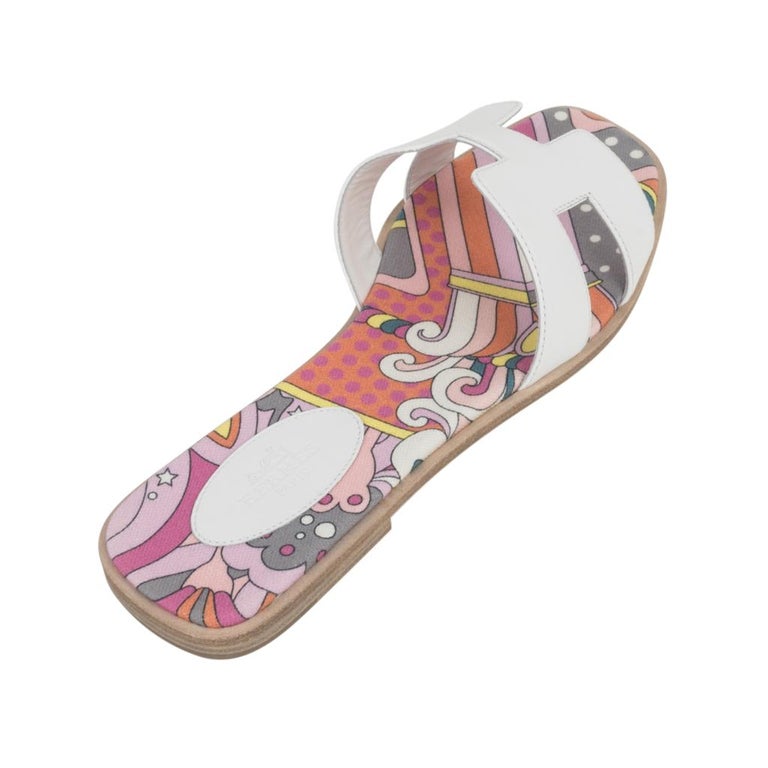  Hermes  Sandal  Flat  Oran White Silk Print Lining 39 5 9 5 