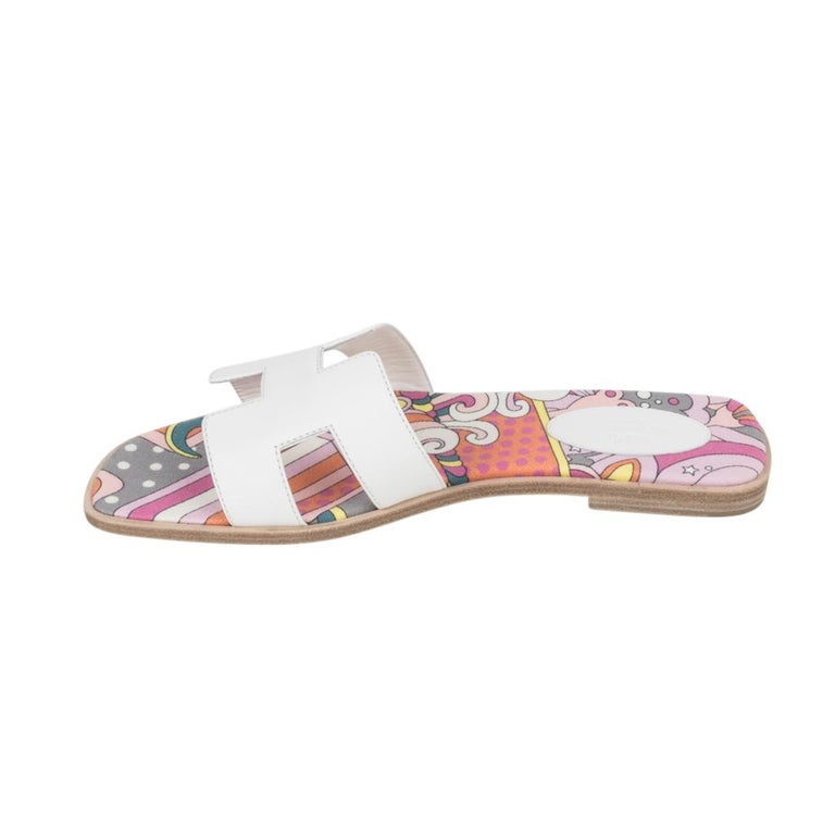  Hermes  Sandal  Flat  Oran White Silk Print Lining 39 5 9 5 
