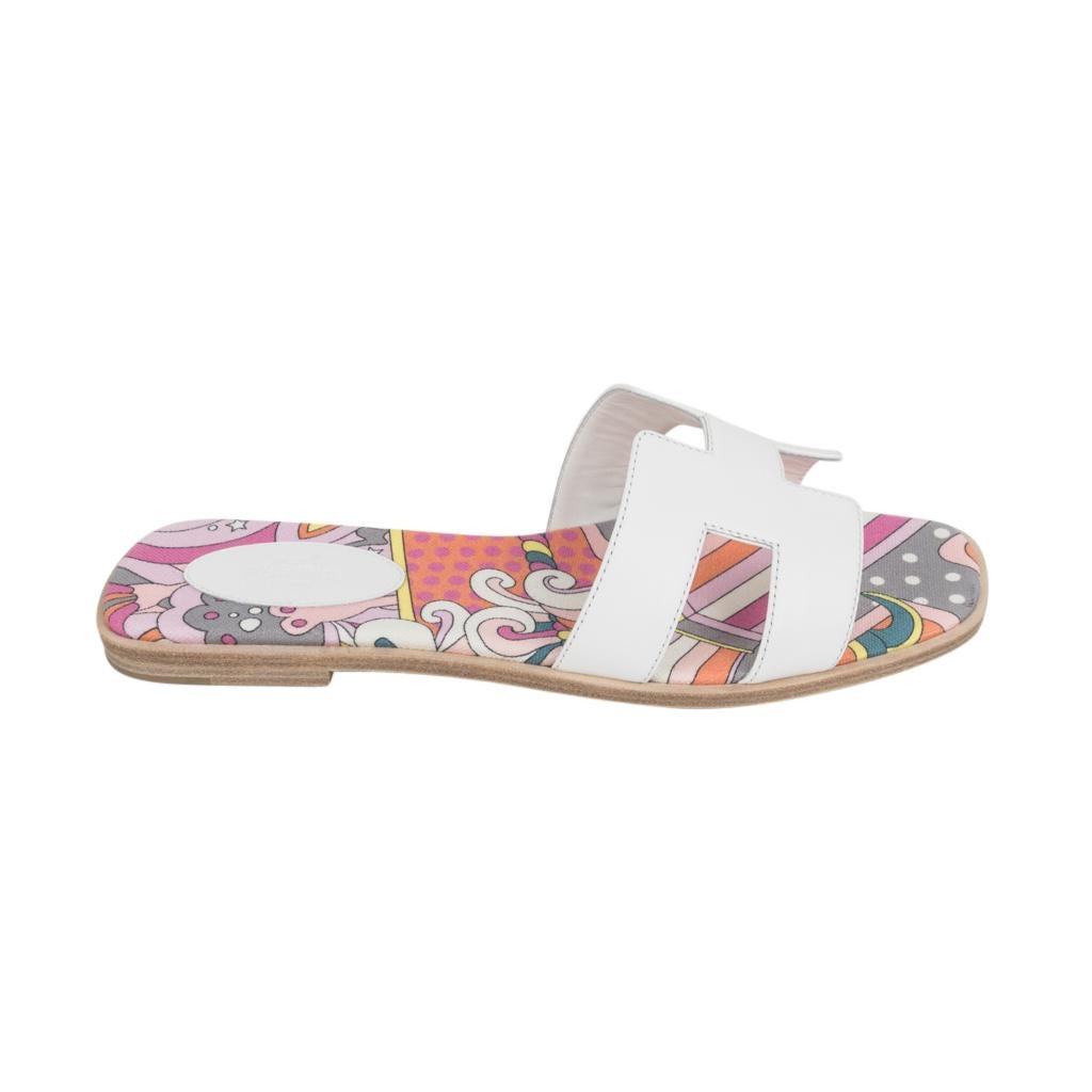 Women's Hermes Oran Flat Sandal White Silk Print Lining Shoes 39.5 / 9.5 New w/Box