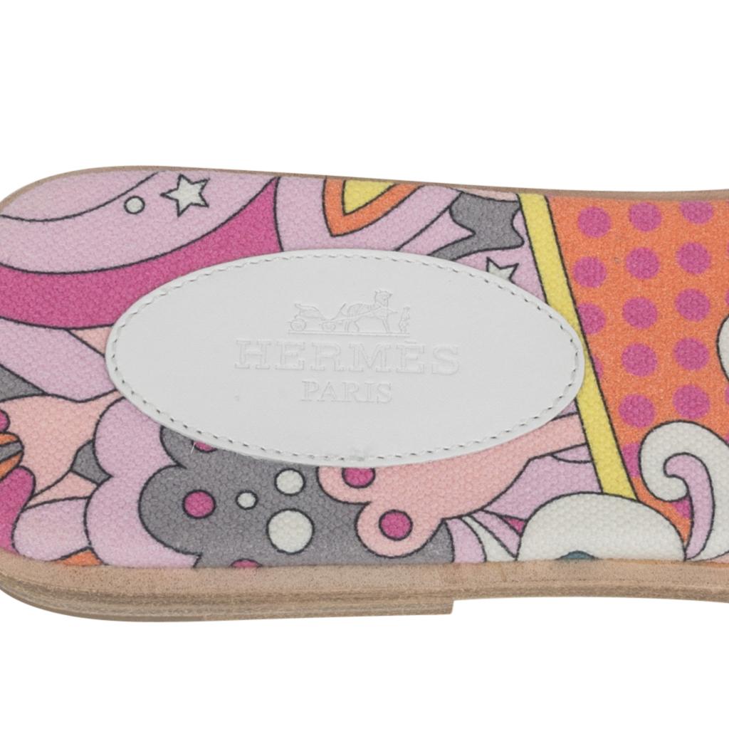 Hermes Oran Flat Sandal White Silk Print Lining Shoes 39.5 / 9.5 New w/Box 1