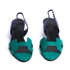 Hermes Sandales EU39 Ottomane Blue Green Leather Sling Back Pumps US8.5