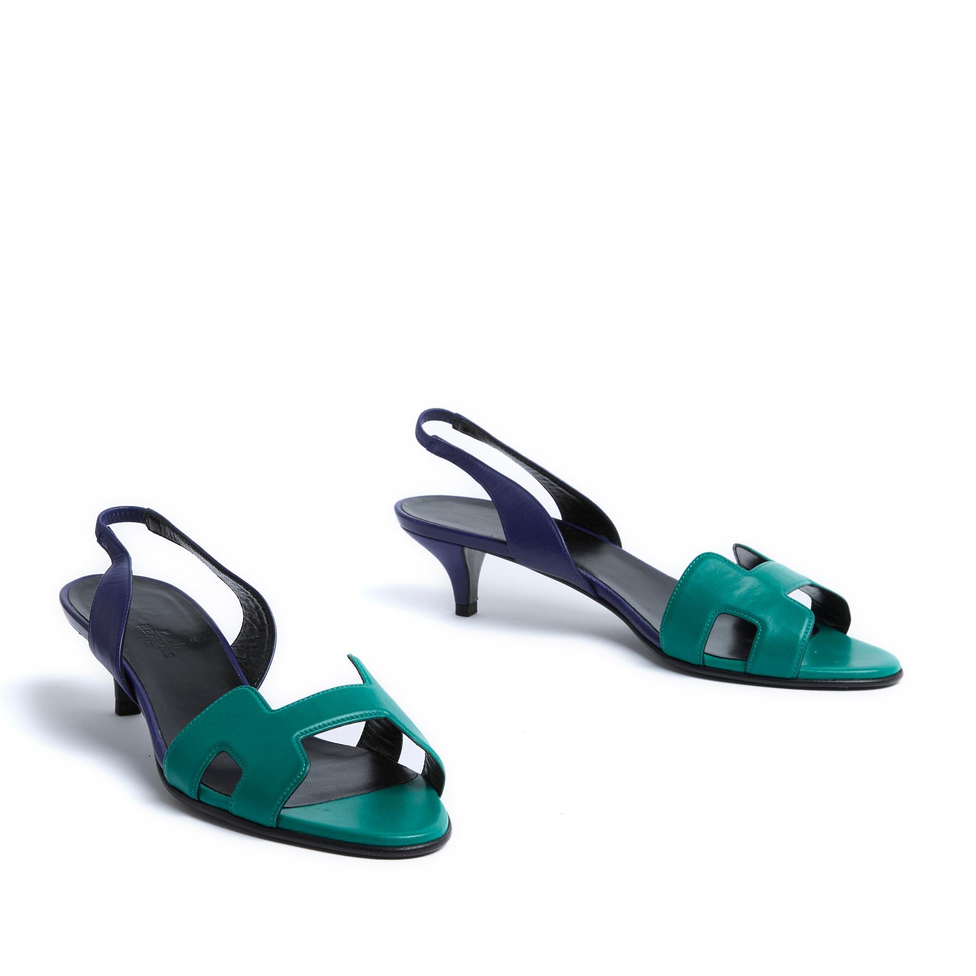 Hermes Sandales EU39 Ottomane Blue Green Leather Sling Back Pumps US8.5 In New Condition In PARIS, FR