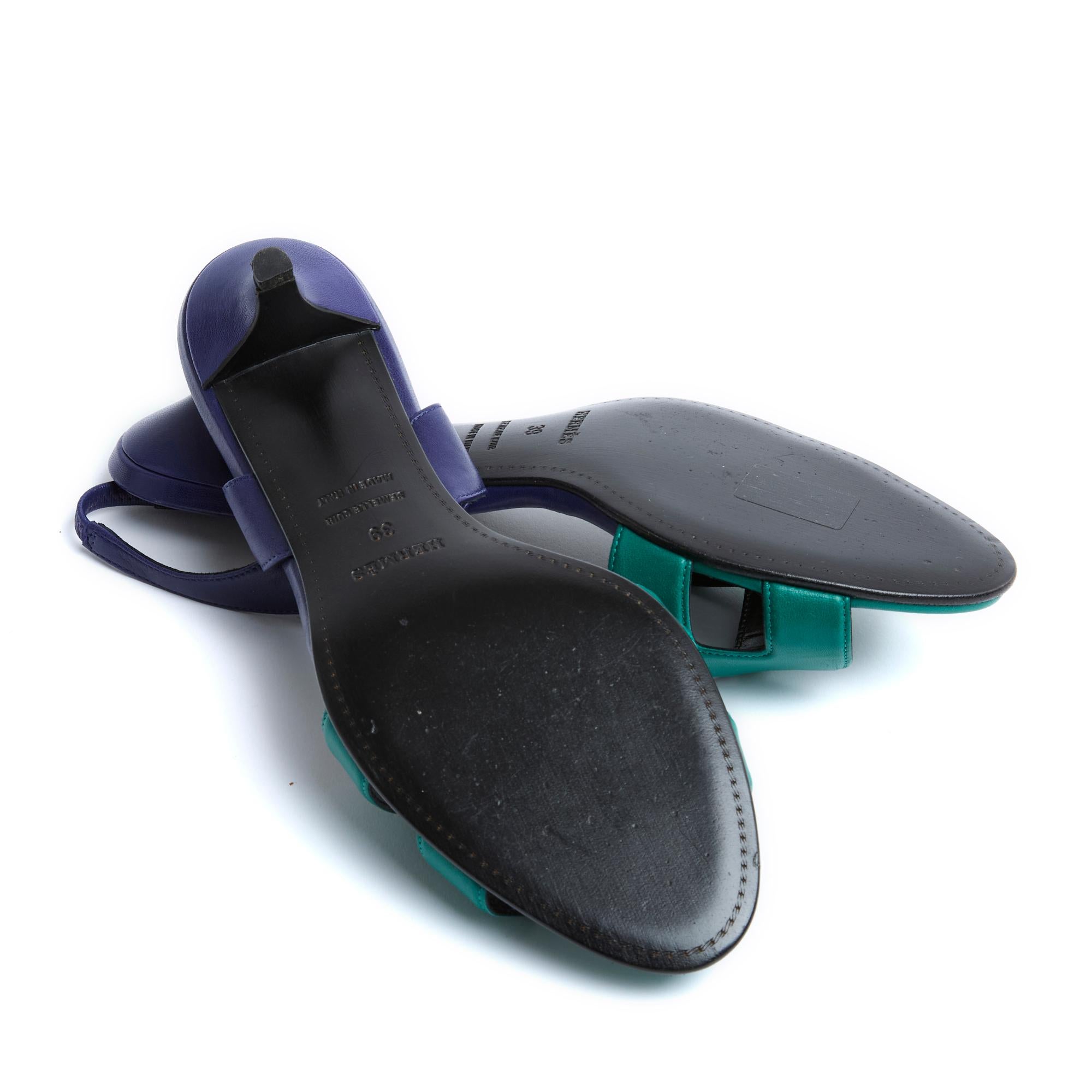 Hermes Sandales EU39 Ottomane Blue Green Leather Sling Back Pumps US8.5 1