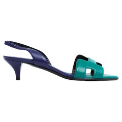 Hermes Sandales EU39 Ottomane Bleu Vert Cuir Sling Back Pumps US8.5