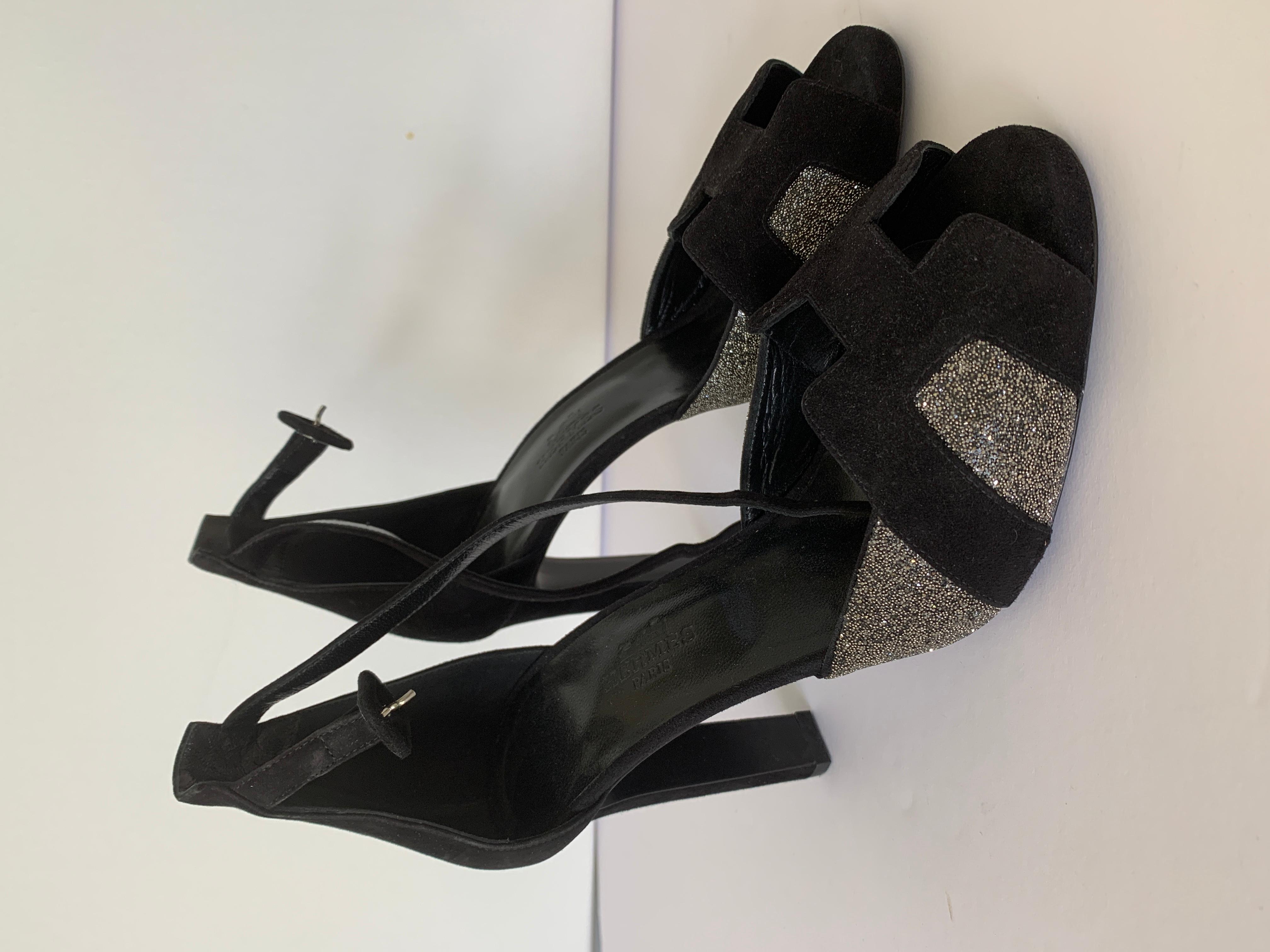 Hermes Sandals Black Suede Crystals 37.5  4