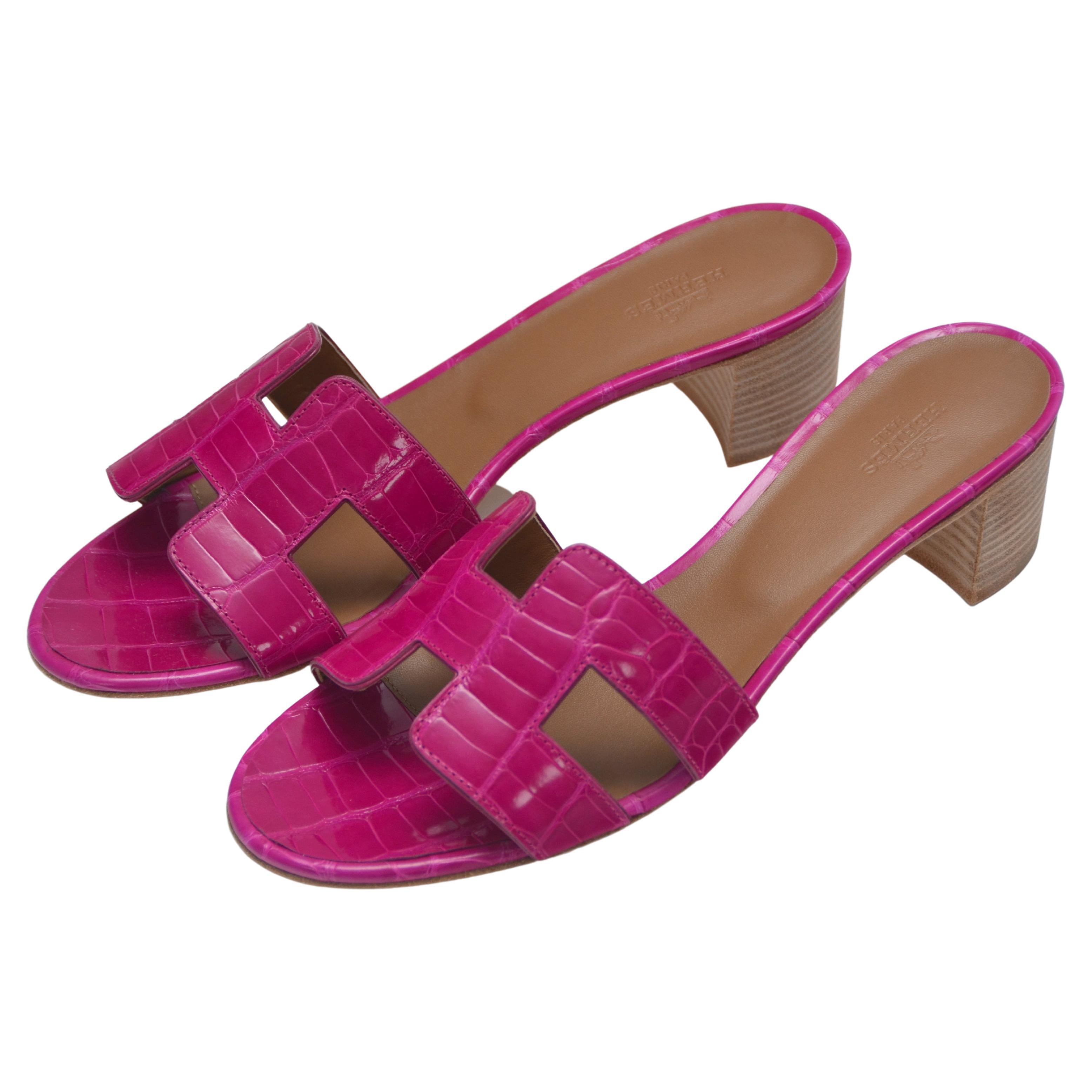 HERMES Sandals Shoes Shiny  Rose Sheherazade Color Crocodile NEW 