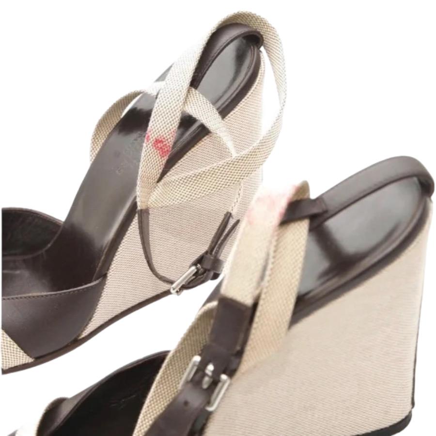 HERMES Sandals Wedge Leather Canvas Brown Tan Ankle Strap Peep Toe Sz 40 VINTAGE 6