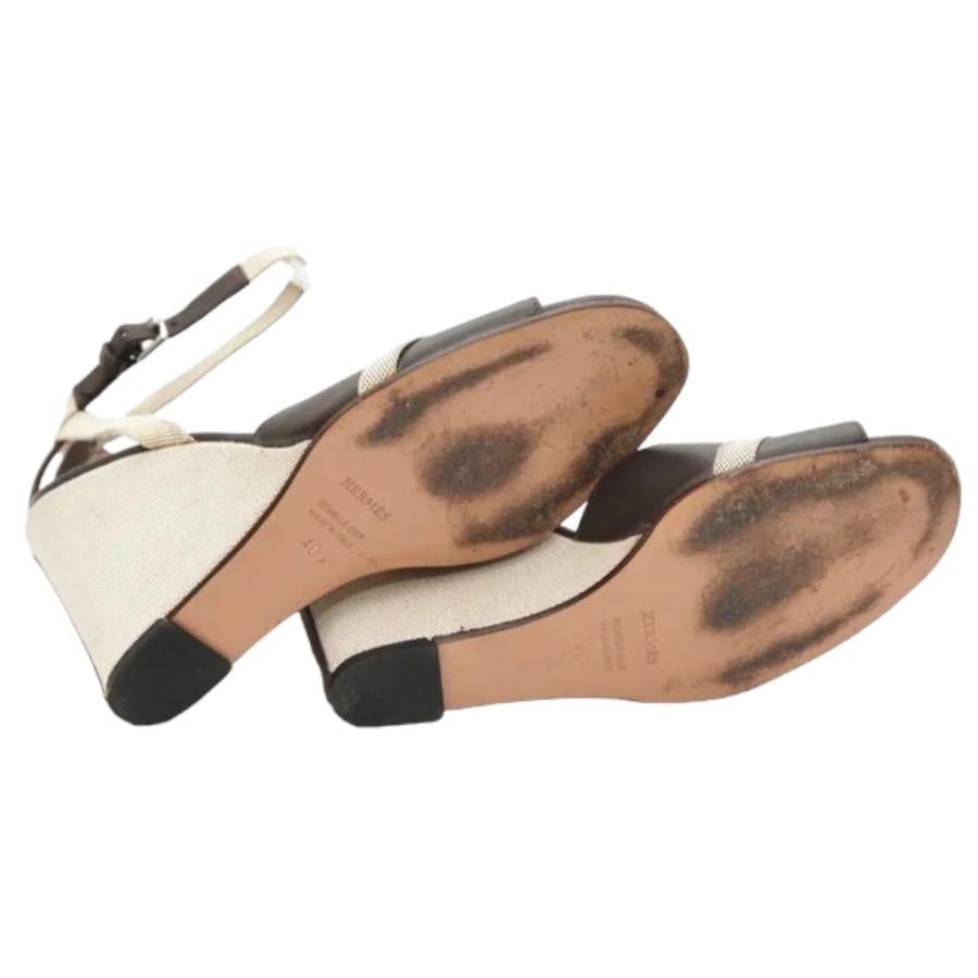 HERMES Sandals Wedge Leather Canvas Brown Tan Ankle Strap Peep Toe Sz 40 VINTAGE 7