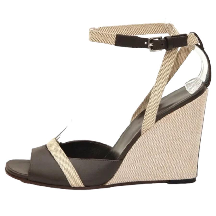 Women's HERMES Sandals Wedge Leather Canvas Brown Tan Ankle Strap Peep Toe Sz 40 VINTAGE