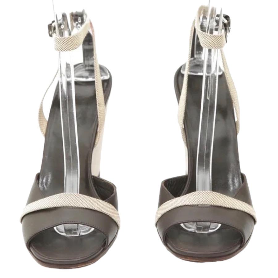 HERMES Sandals Wedge Leather Canvas Brown Tan Ankle Strap Peep Toe Sz 40 VINTAGE 1