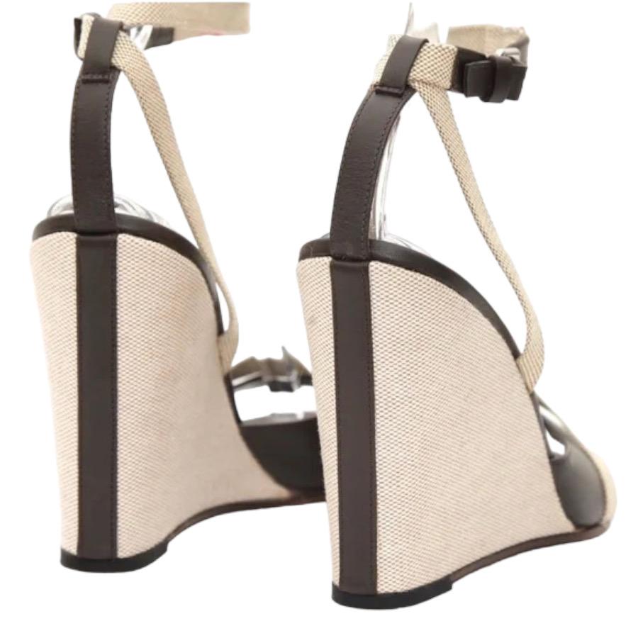 HERMES Sandals Wedge Leather Canvas Brown Tan Ankle Strap Peep Toe Sz 40 VINTAGE 3