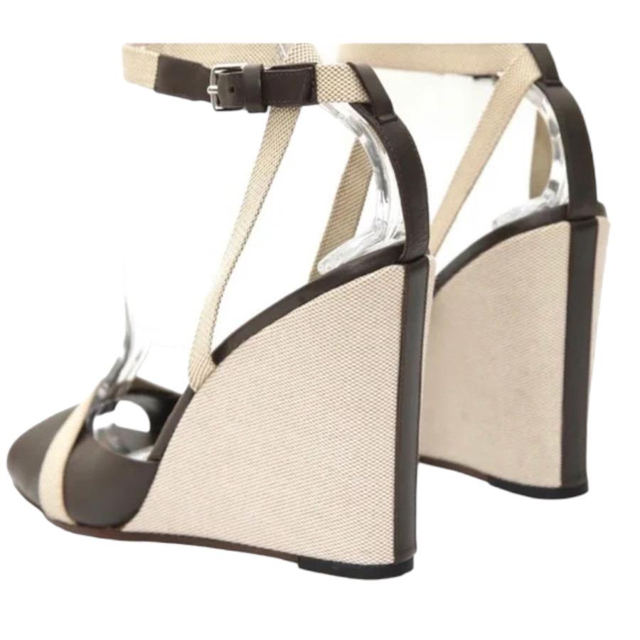 HERMES Sandals Wedge Leather Canvas Brown Tan Ankle Strap Peep Toe Sz 40 VINTAGE 4