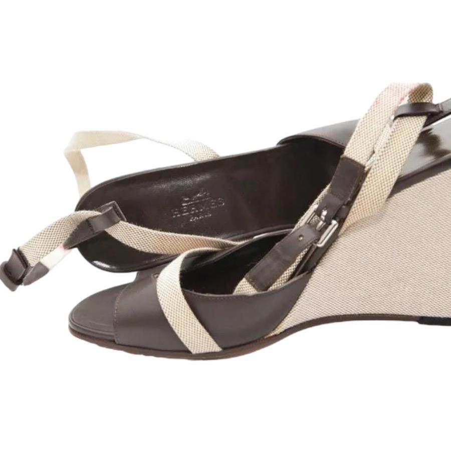 HERMES Sandals Wedge Leather Canvas Brown Tan Ankle Strap Peep Toe Sz 40 VINTAGE 5