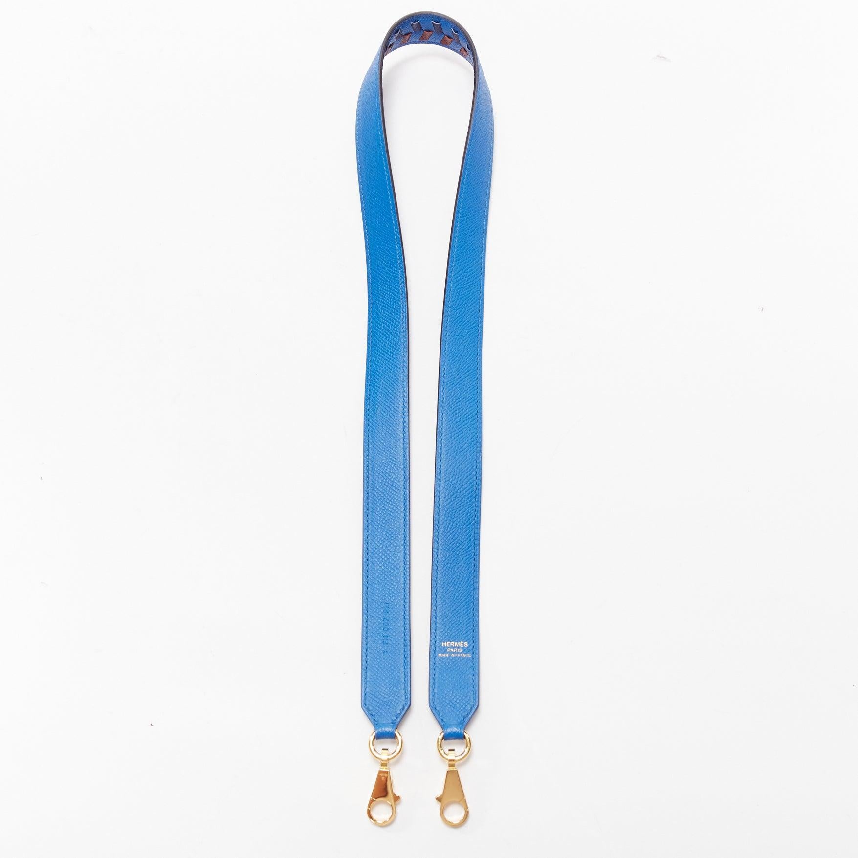 Blue HERMES Sangle 25 blue brown woven leather gold hardware bag strap