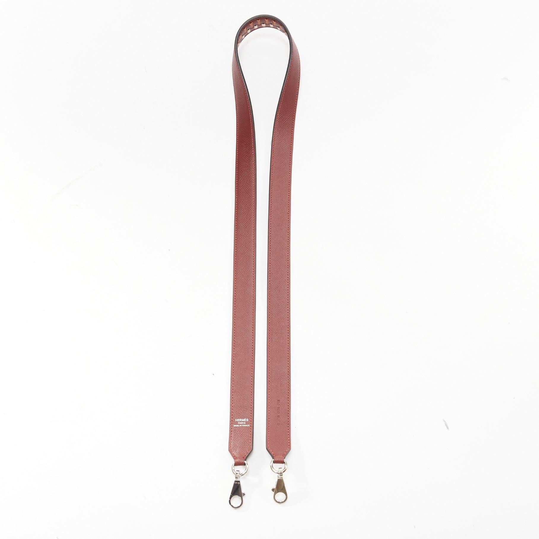 HERMES Sangle 25 brown white woven leather silver hardware bag strap In Good Condition In Hong Kong, NT