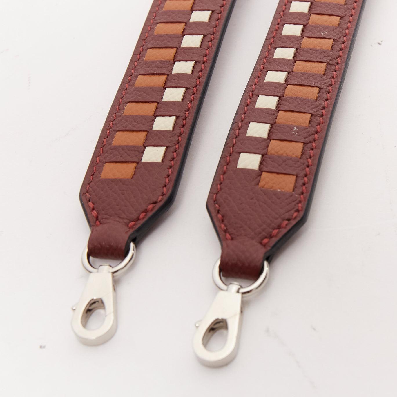 HERMES Sangle 25 brown white woven togo leather silver hardware bag strap 1