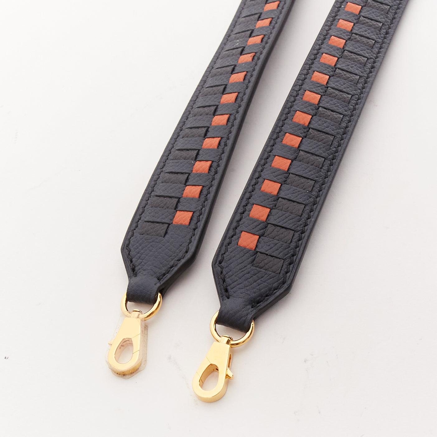 HERMES Sangle 25 orange black woven leather gold hardware bag strap 2