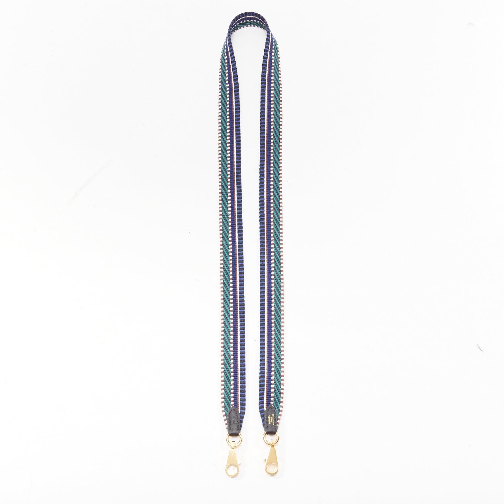 Gray HERMES Sangle 35 navy green chevron stripe fabric gold clasp skinny bag strap
