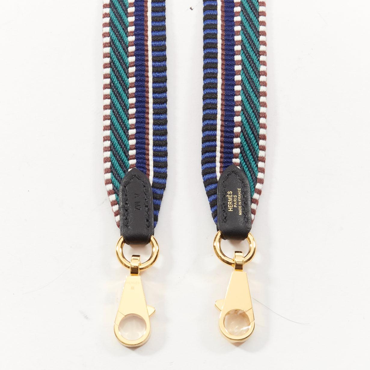 HERMES Sangle 35 navy green chevron stripe fabric gold clasp skinny bag strap In Excellent Condition In Hong Kong, NT