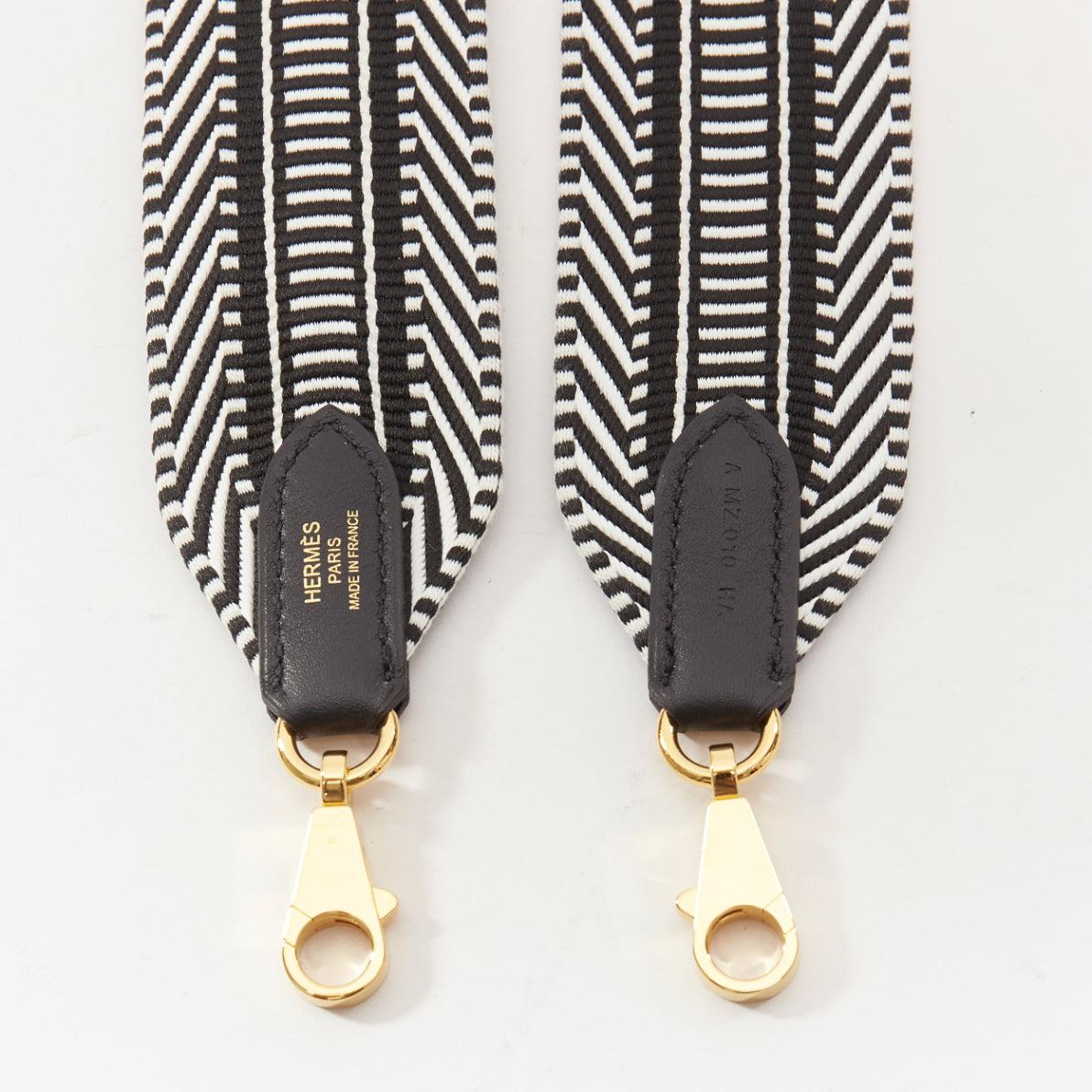Women's HERMES Sangle 50 black diagonal stripes woven fabric gold hardware long strap For Sale