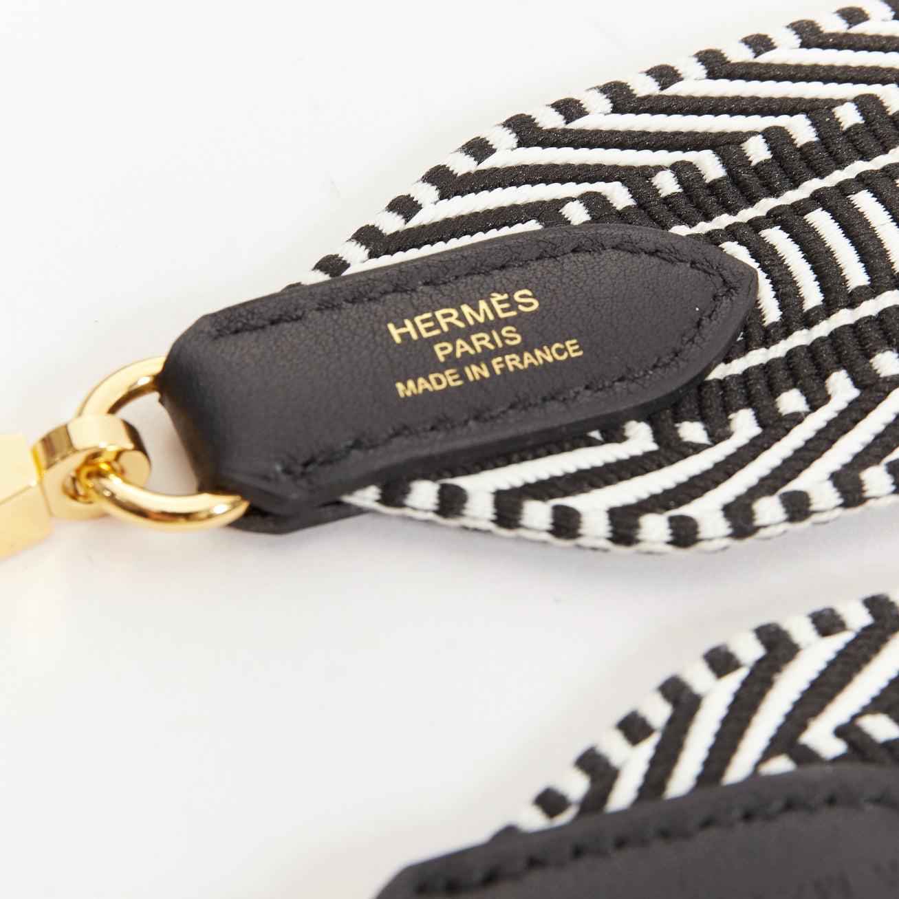 HERMES Sangle 50 black diagonal stripes woven fabric gold hardware long strap 1
