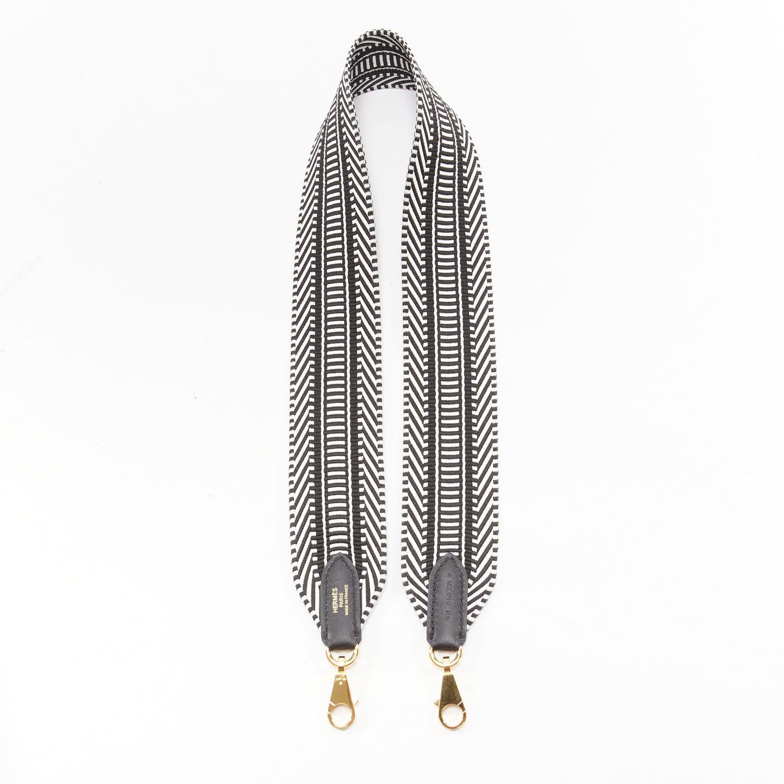 Gray HERMES Sangle 50 black white diagonal stripes woven fabric gold long strap