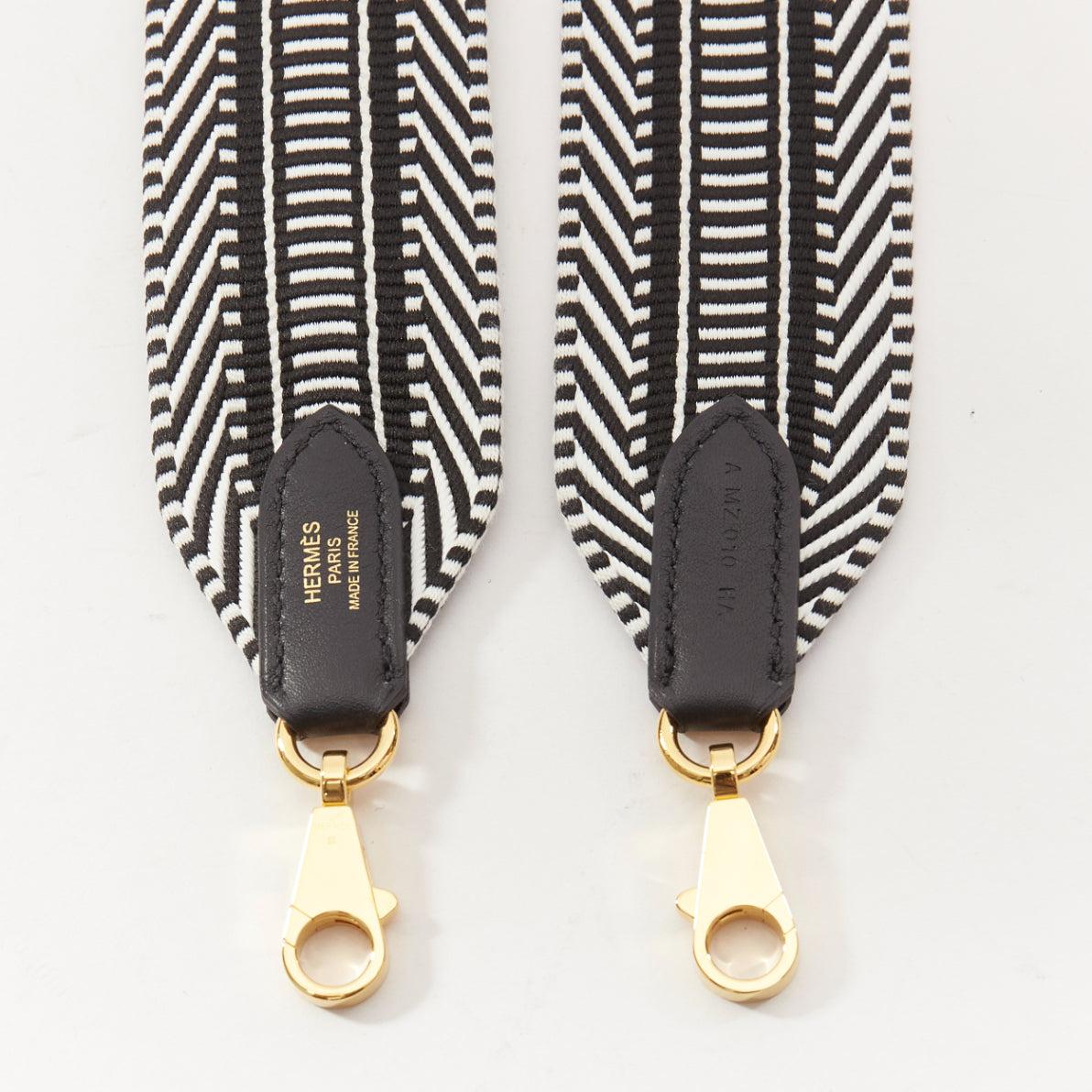 HERMES Sangle 50 black white diagonal stripes woven fabric gold long strap In Good Condition In Hong Kong, NT