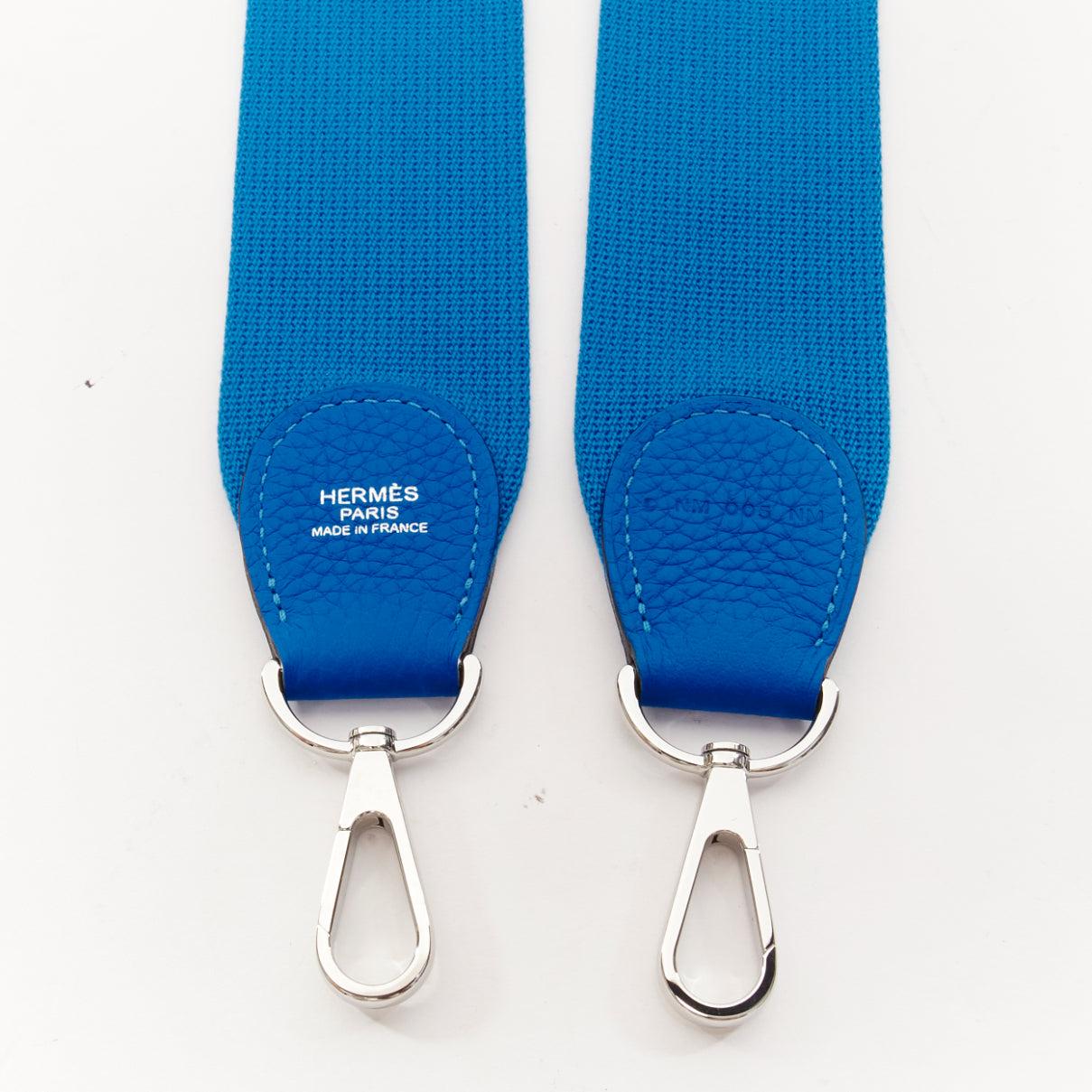 HERMES Sangle 50 blue canvas leather silver hardware wide bag strap For Sale 1