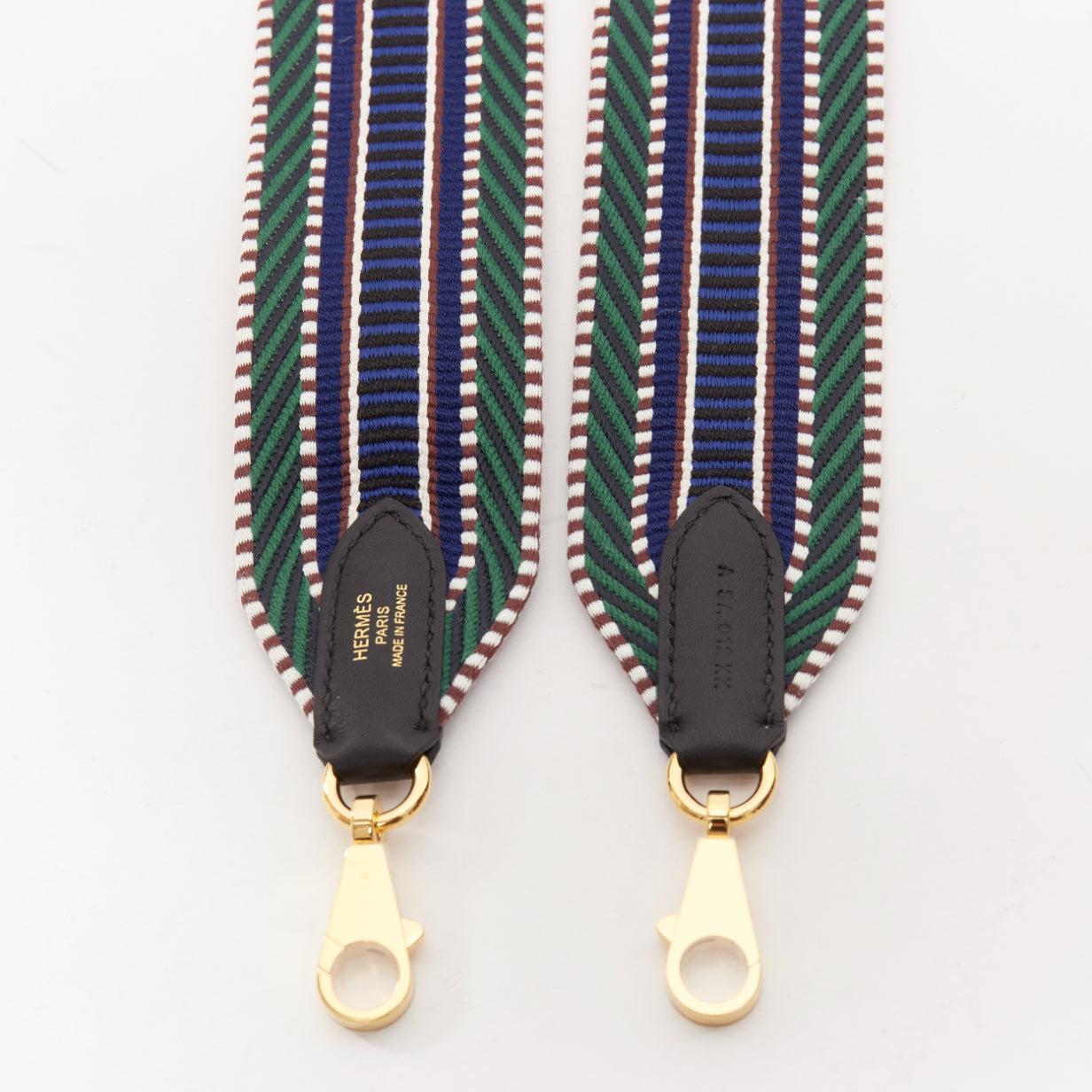 Women's HERMES Sangle 50 green chevron stripes woven fabric gold hardware long strap