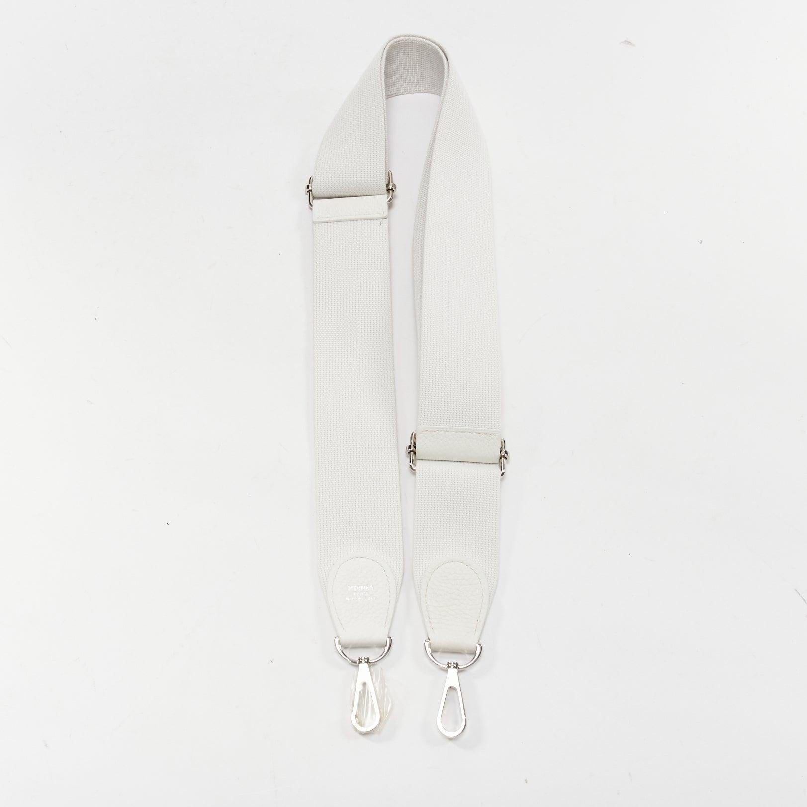 HERMES Sangle 50 white canvas leather silver hardware wide long bag strap In Good Condition In Hong Kong, NT