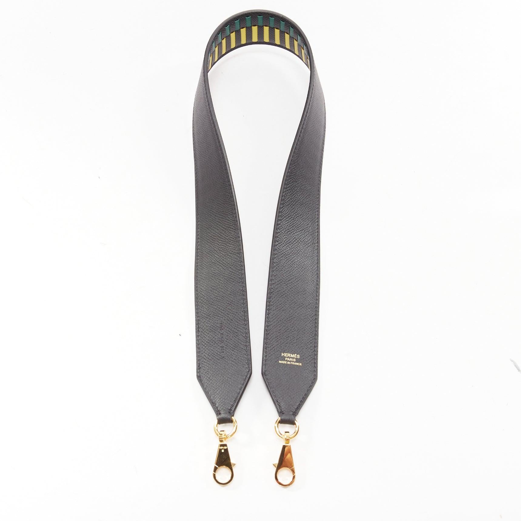 Gray HERMES Sangle Cavale 40 green yellow black woven togo leather gold long strap For Sale
