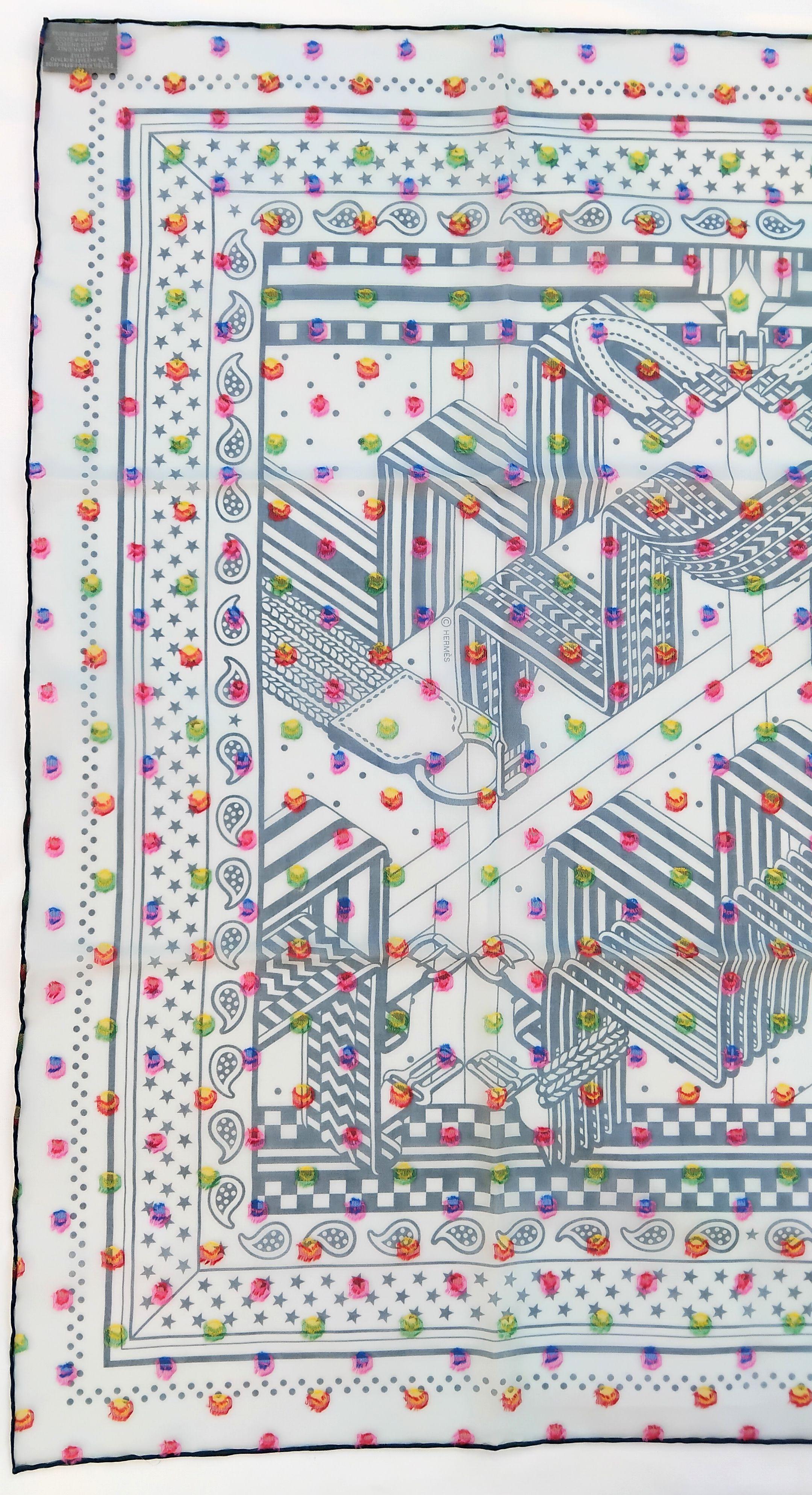 Gray Hermès Sangles Zig Zag à Pois Rainbow Chiffon Silk Scarf Plumetis Jamin 60 cm For Sale