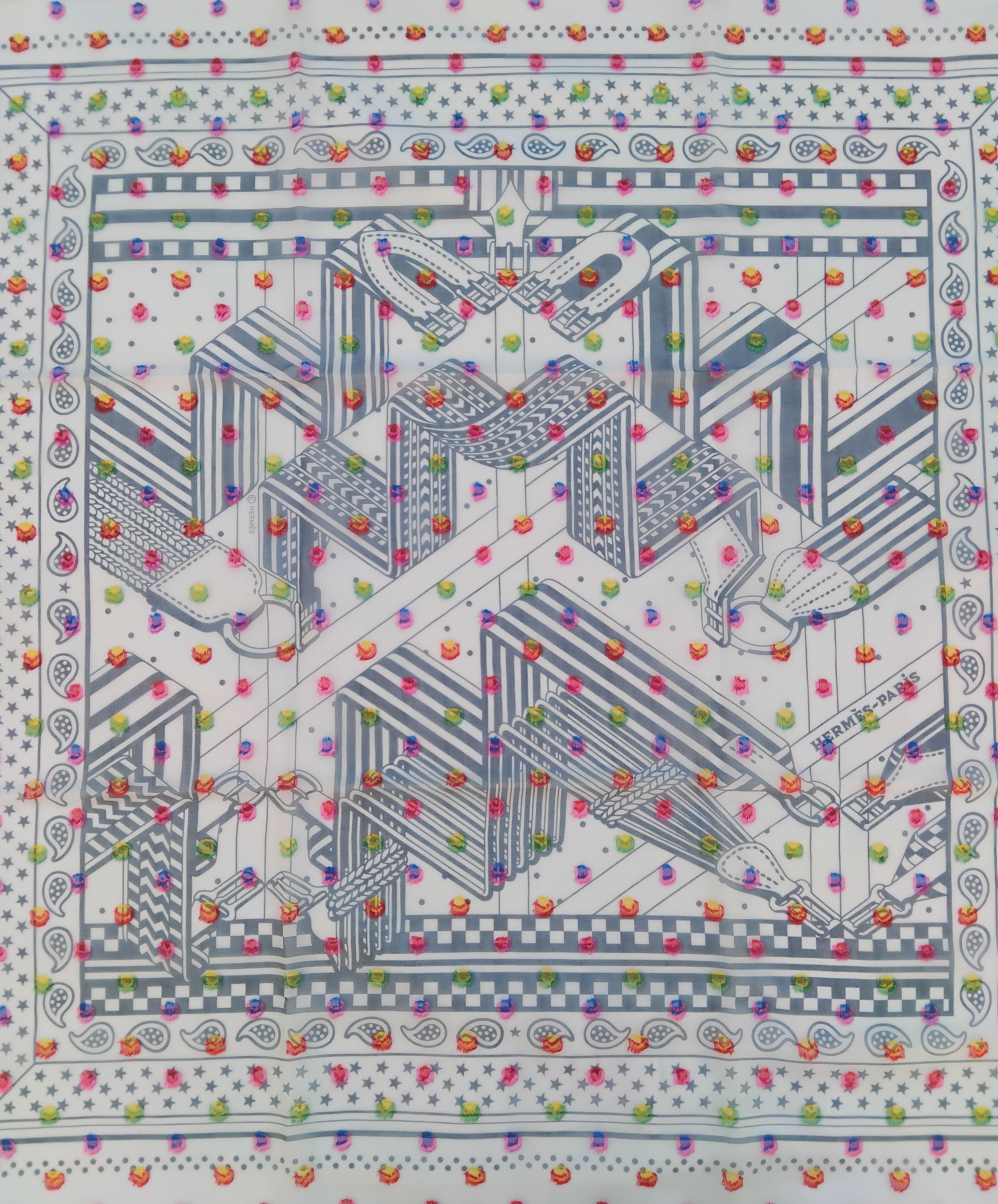 Women's Hermès Sangles Zig Zag à Pois Rainbow Chiffon Silk Scarf Plumetis Jamin 60 cm For Sale