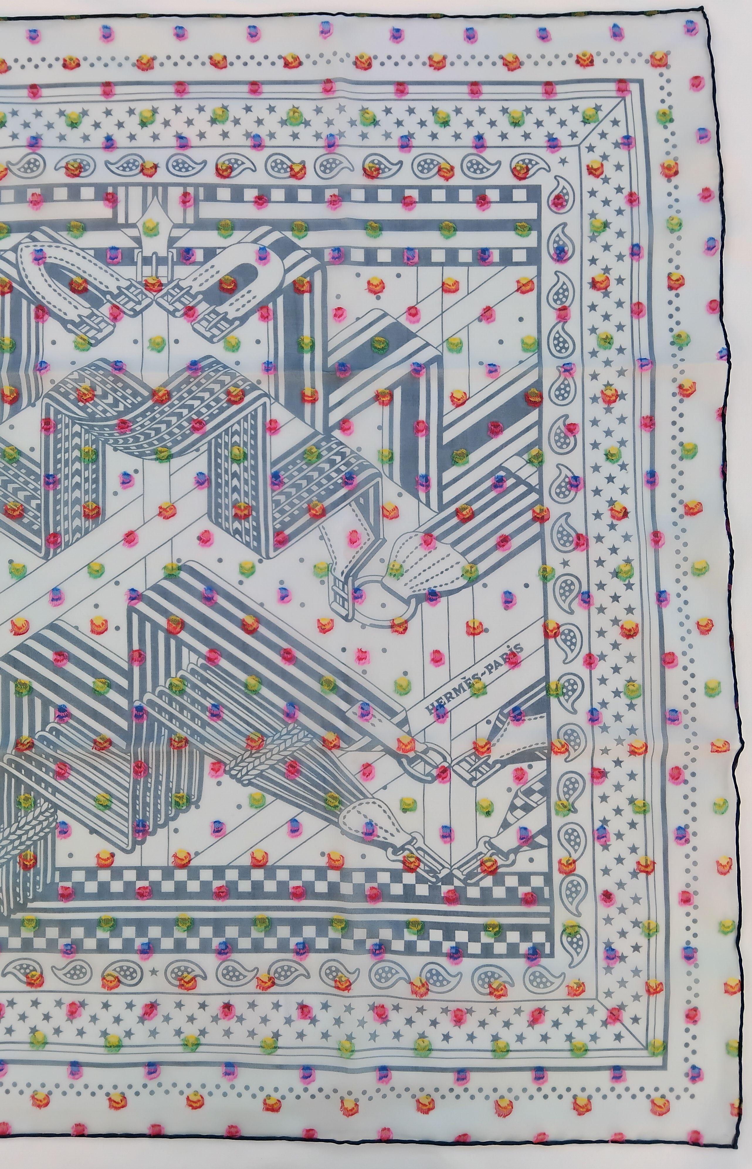 Hermès Sangles Zig Zag à Pois Rainbow Chiffon Silk Scarf Plumetis Jamin 60 cm For Sale 1