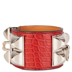 HERMES Sanguine red CROCODILE & Palladium COLLIER DE CHIEN Cuff Bracelet