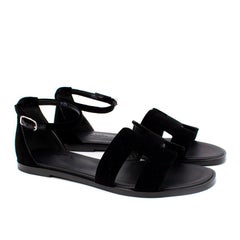 Hermes Santorini Black Velour Ankle Strap Flat Sandal