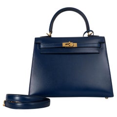 HERMES Blu saphire Box pelle KELLY 25 SELLIER Borsa Ghw