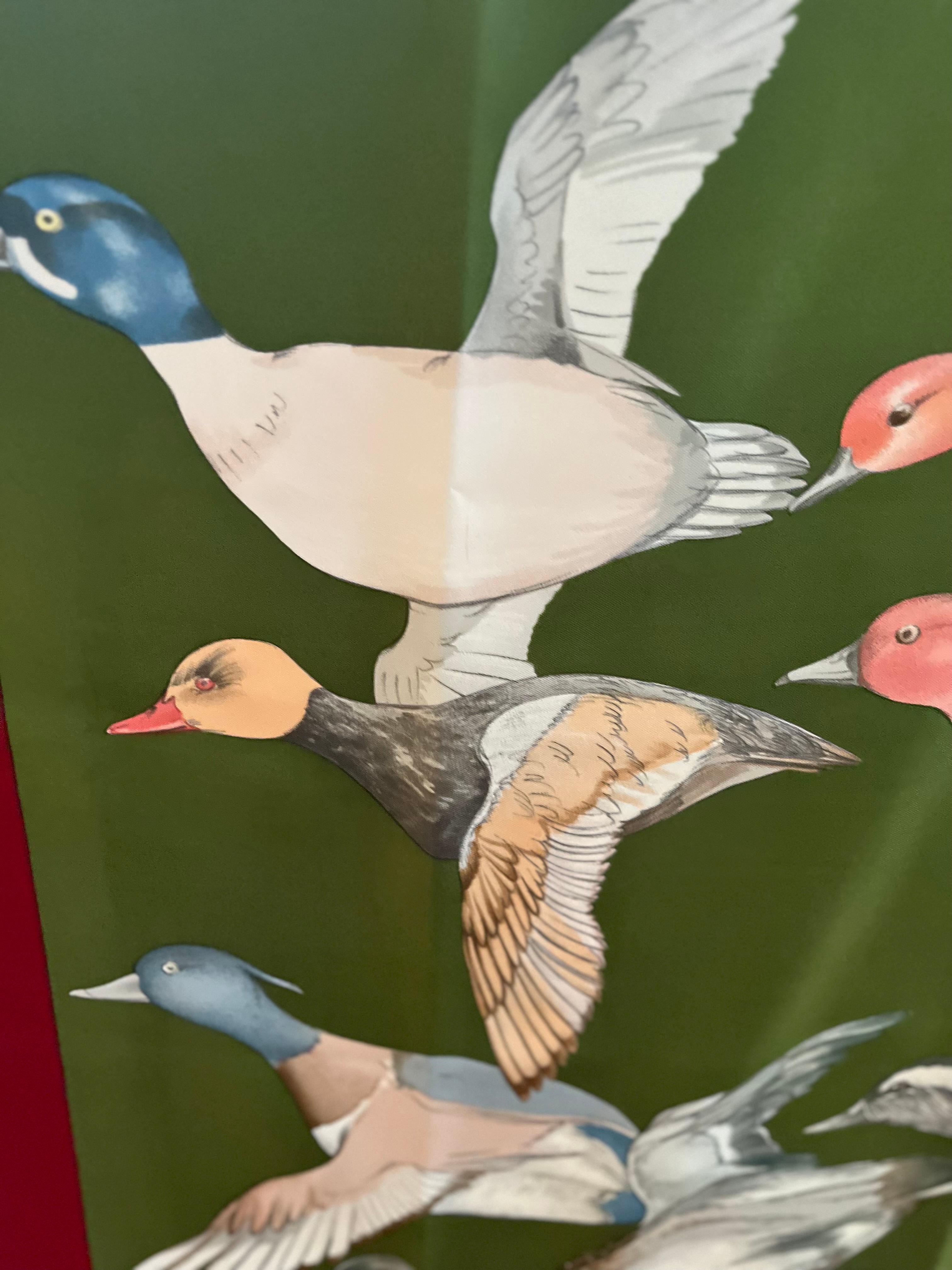 The translation is wild birds in flight, and indeed this design is all about birds. Looking at the design you can imagine them moving in the sky. This Hermes scarf was designed by Carl de Parcevaux in 1986/87 and is in great condition.
It was