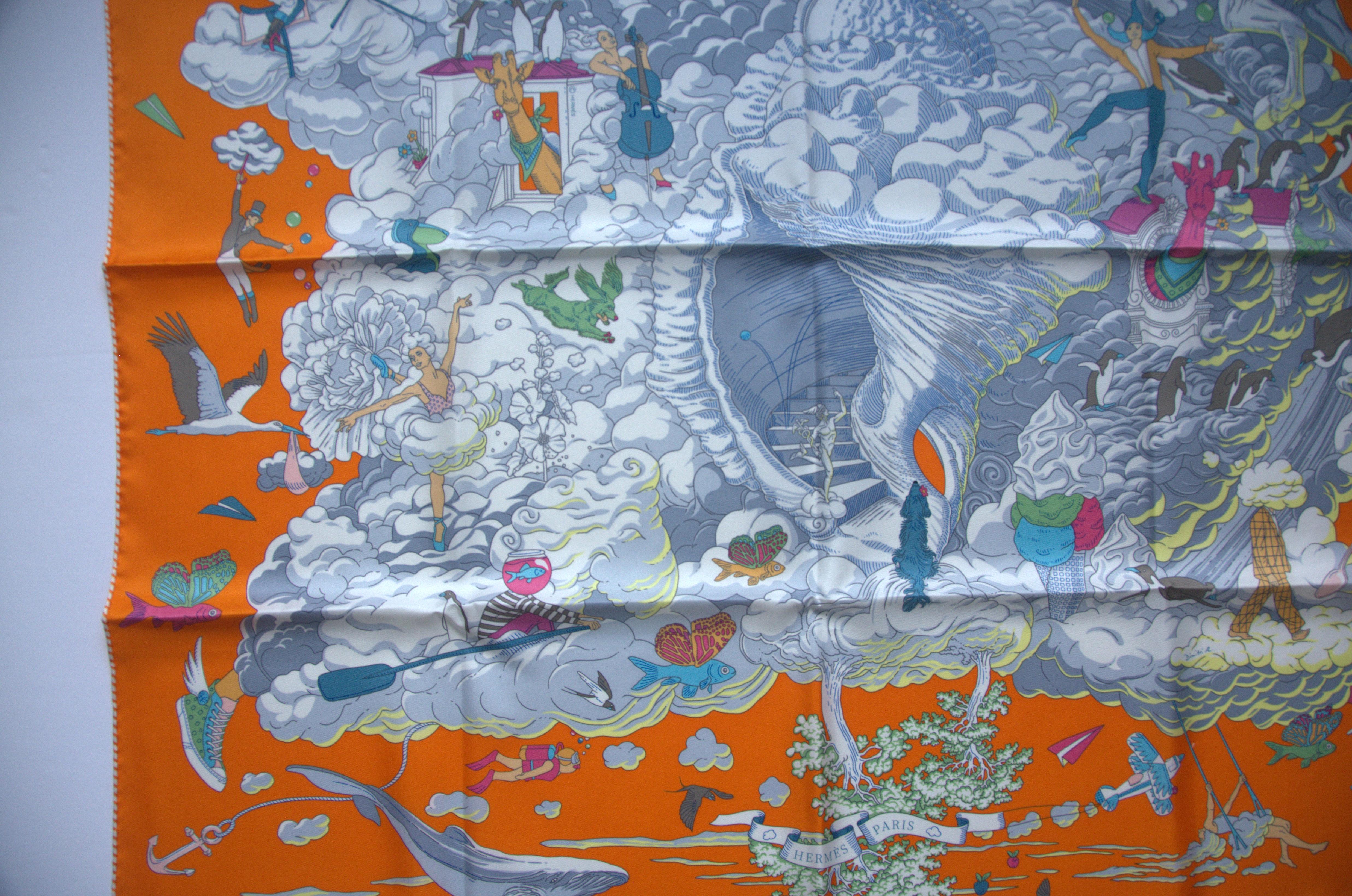 Gris Hermes Scarf 90 CM Carre Twill Sur Mon Nijage QU/ORANGE/GRIS CLAIR  NEW en vente