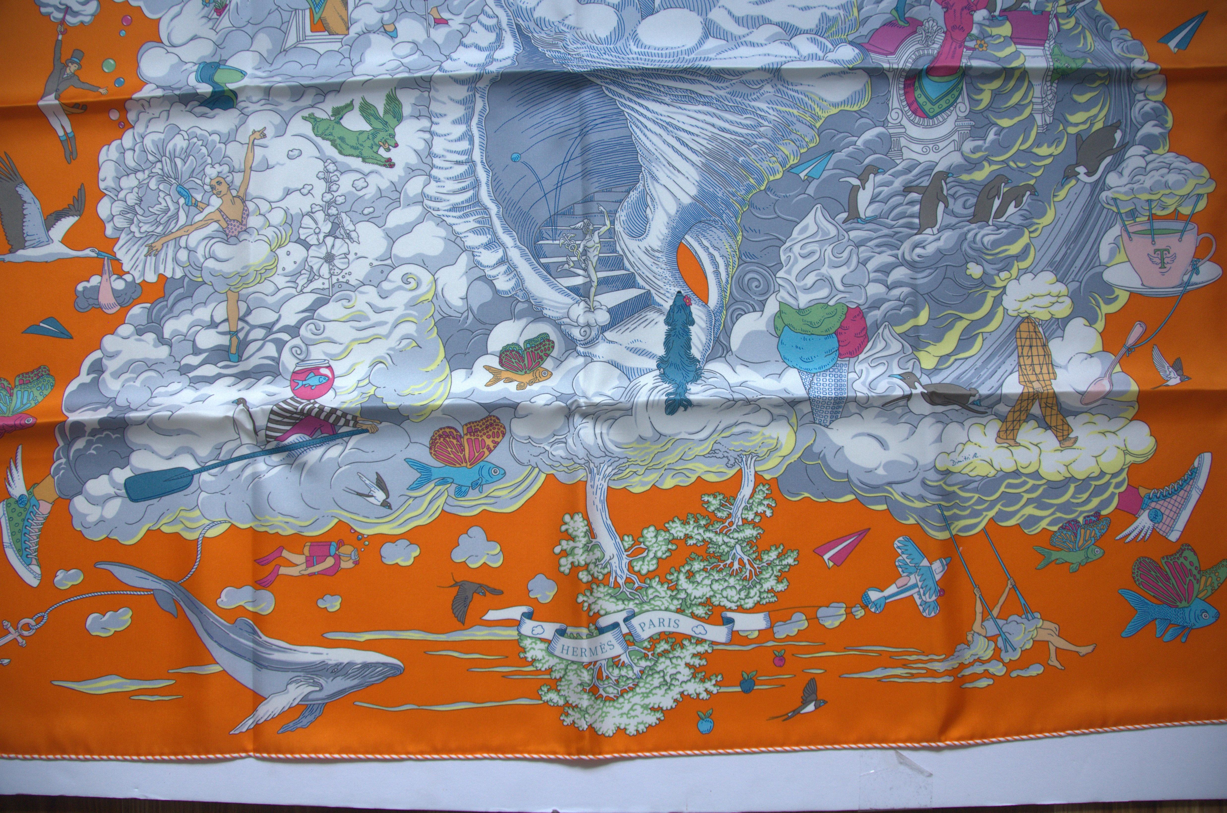 Hermes Scarf 90 CM Carre Twill Sur Mon Nijage QU/ORANGE/GRIS CLAIR  NEW Unisexe en vente